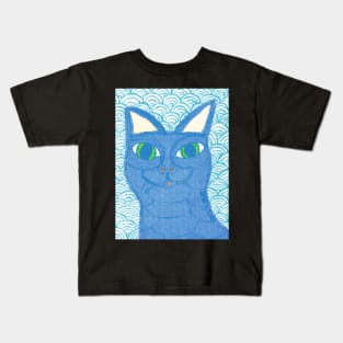 Blue cat with Japanese waves Kids T-Shirt